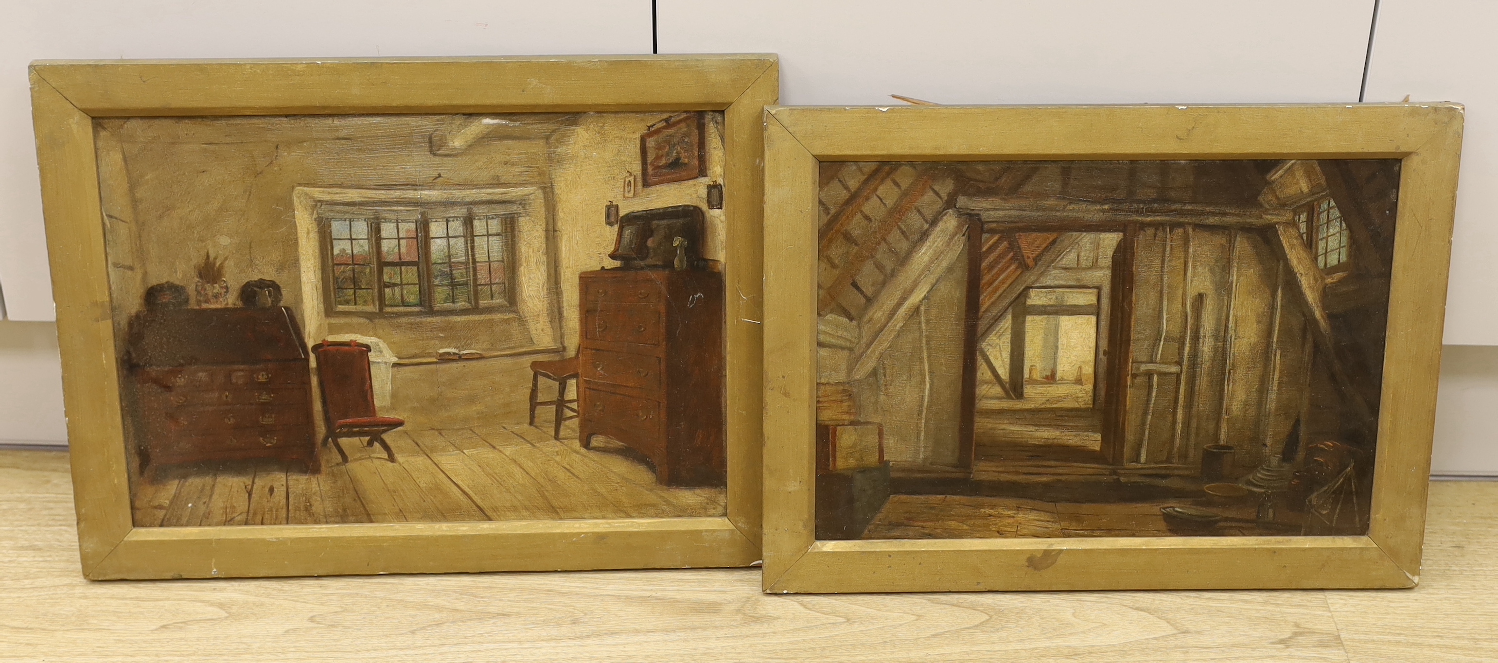 Elizabeth Hunter, two 19th century oil on boards, 'The Attics of the Corner House' and 'Room in the Old Burford Cottage Hospital', each inscribed verso, largest 44 x 31cm